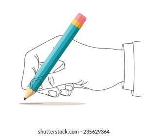 Hand with pen writing on paper. Vector illustration