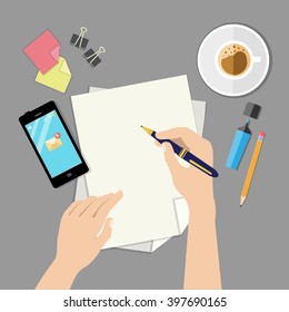 Hand with pen writing on a paper sheet. Overhead point of view. Modern flat design concept. Vector flat illustration.