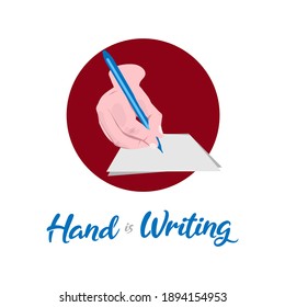 Hand with pen writing on papers with text Hand is Writing