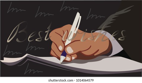 Man’s hand with pen writing on a piece of paper on black background and lettering "Best wishes"