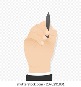 Hand with a pen wrote or draw isolated on transparent background. Vector EPS 10