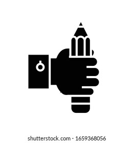 Hand with pencil black icon, concept illustration, vector flat symbol, glyph sign.