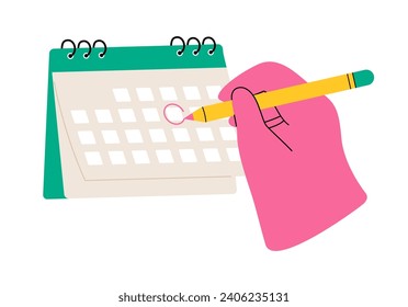 Hand with pencil and calendar. Date circled. Deadline, event, important date. Colorful vector illustration 
