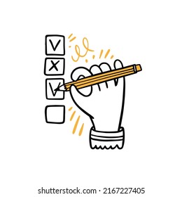 Hand with pencil check list. Hand drawn doodle icon. Cartoon style vector illustration.