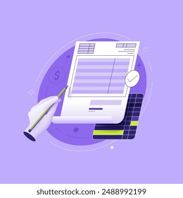 Hand with pencil creating invoice on purple background. Business papers management 3D linear illustration concept. Payment and financial reports metaphor abstract flat vector graphic