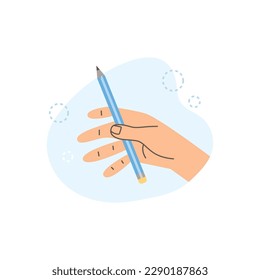 Mano con lápiz para artesanías creativas y clases de arte y talleres de banners y diseño de logo, ilustración vectorial de dibujos planos aislados en fondo blanco.