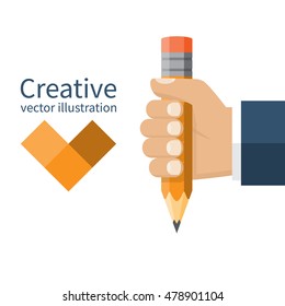 Hand with pencil of creative idea. Vector illustration flat style design. Tools for drawing. Motivation poster. Holding in fist.