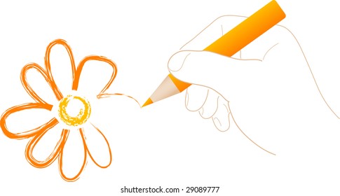 Hand with pencil draw the daisy - vector illustration