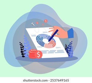 Hand with pencil drawing financial chart vector illustration. Circle diagram or pie chart, graph, money. Business, finances, economy, investment concept