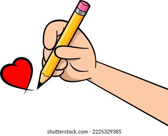 Ilustración vectorial de un lápiz de mano listo verticalmente para escribir, aislado en fondo blanco. Dedos sosteniendo lápiz para dibujar o escribir en papel.