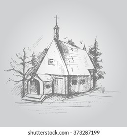 Hand pencil drawing house in forest. Vector illustration