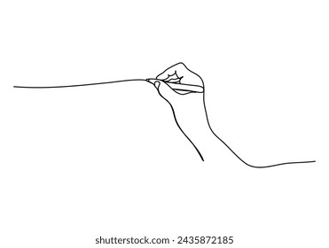 Hand with a pencil in it drawing a line, one line drawing vector illustration.