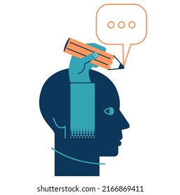 Hand mit Bleistift zeichnen eine Sprechblase. Dokumentkonzept. Schreiben von E-Mail-Chat. Menschliches Kopfsilhouette. Kommunikationsaufkleber