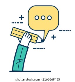 Hand with pencil drawing a speech bubble. Document concept. Writing message chat. Communication sticker