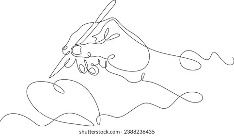 A hand with a pencil draws a heart. Hand drawn heart. The man writes. Love message. Valentine's Day . One continuous line drawing. Linear. Hand drawn, white background. One line.