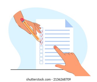 Hand with pencil filling checklist or application form. To-do list, questionnaire, agreement flat vector illustration. Report, education, management concept for banner, website design or landing page