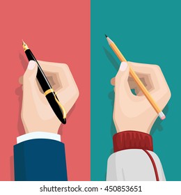 Hand With Pencil And Hand Holding Pen Vector Illustration