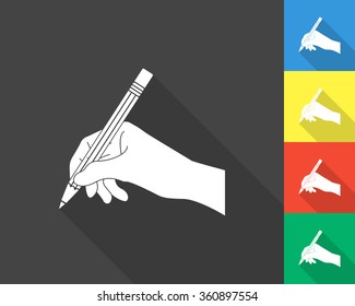 hand with pencil icon - gray and colored (blue, yellow, red, green) vector illustration with long shadow