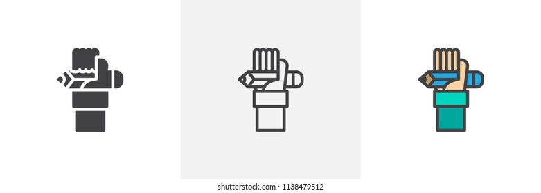 Hand with pencil icon. Line, solid and filled outline colorful version, outline and filled vector sign. Symbol, logo illustration. Different style icons set. Pixel perfect vector graphics