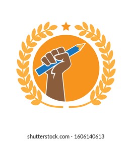 hand and pencil logo, white background vector illustration
