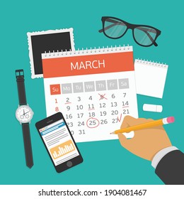 Mano con calendario de marcas de lápiz. La semana comenzó el domingo. Evento importante. Concepto de estilo plano para banners web, sitios web, materiales impresos, infografías. Ilustración vectorial moderna. Organizador.