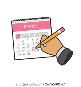 Mano con el calendario de la marca del lápiz. La semana comenzó el domingo. Evento importante. Concepto de estilo plano para Anuncios de Web, Sitios web, materiales impresos, infografías.