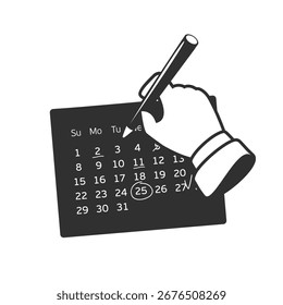 Mano con el calendario de la marca del lápiz. La semana comenzó el domingo. Evento importante. Concepto de estilo plano para Anuncios de Web, Sitios web, materiales impresos, infografías.