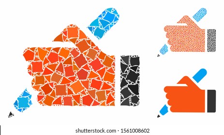 Hand pencil mosaic of ragged elements in different sizes and color tints, based on hand pencil icon. Vector ragged parts are combined into mosaic. Hand pencil icons collage with dotted pattern.