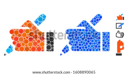 Hand pencil mosaic of round dots in various sizes and color tints, based on hand pencil icon. Vector dots are combined into blue mosaic. Dotted hand pencil icon in usual and blue versions.