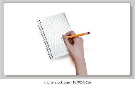 Hand with a Pencil. A Notebook with a spring. Vector Image on a White background.