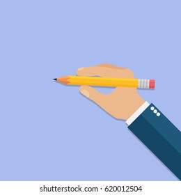 Hand with pencil on blue background vector concept. School supplies illustration in modern flat style. Color picture for design web site, web banner, printed material. Office stationery icon. 