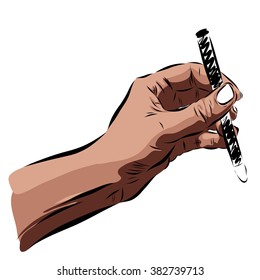 hand with pencil on a white background. Vector EPS illustration