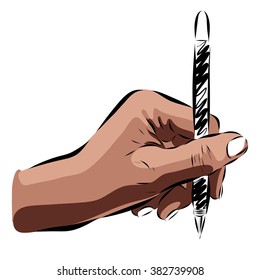 hand with pencil on a white background. Vector EPS illustration