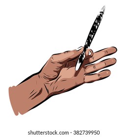 hand with pencil on a white background. Vector EPS illustration