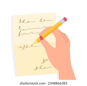 Hand with pencil and paper concept. Friendly correspondence, distance communication and interaction. Template, layout and mock up. Cartoon flat vector illustration isolated on white background