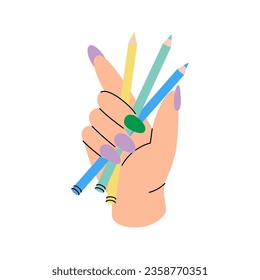 Hand with pencil, school supplies. Back to school. Vector illustration.