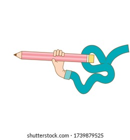 Mano con el concepto de vector de lápiz. Ilustración de estilo moderno y plano. Imagen en color para sitio web de diseño, banner web, material impreso. 