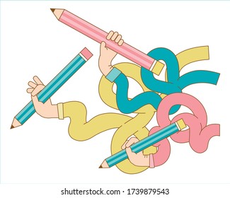 Hand with pencil vector concept. Illustration in modern flat style. Color picture for design web site, web banner, printed material. 