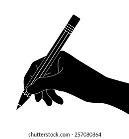 Hand with pencil vector icon - black illustration