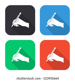 Hand with pencil vector icon - colored illustration (gray blue green red) with  long shadow
