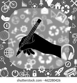 Hand with pencil vector icon - matte glass button on background consisting  of different icons