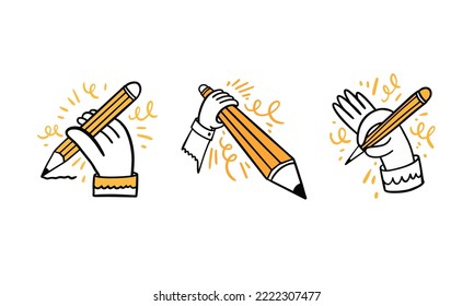 Hand with pencil vector illustration set. Hand drawn outline doodle style isolated on white background.