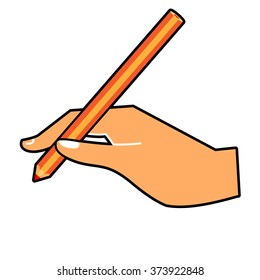 Hand with a pencil. Vector illustration of a hand writing. Vector hand with a pen wrote  on a horizontal surface isolated on white