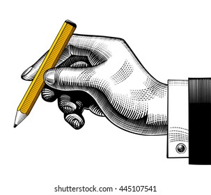 Hand With A Pencil. Vintage Engraving Stylized Drawing. Vector Illustration