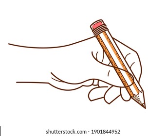 Hand with pencil writing or drawing isolated on white background, vector trendy style illustration.