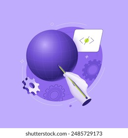 Hand with pencil wruiting on globe on purple background. Internet coding service. Development 3D linear illustration concept. Global software creation technology metaphor abstract flat vector graphic