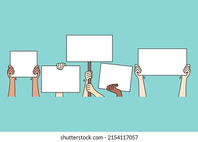 Hand of people holding banners on protest or demonstration. Activists with signs fight for equality and freedom. Mockup empty copy space. Protesters on streets. Vector illustration.