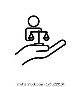 Hand and people line icon with law. law abiding icon. Editable stroke. Design template vector