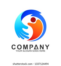 hand and people logo in circle shape, human care icon