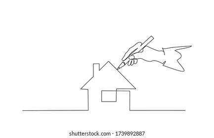 Hand of people painting house with paintbrush. Continuous one line drawing. Vector illustration isolated on white background